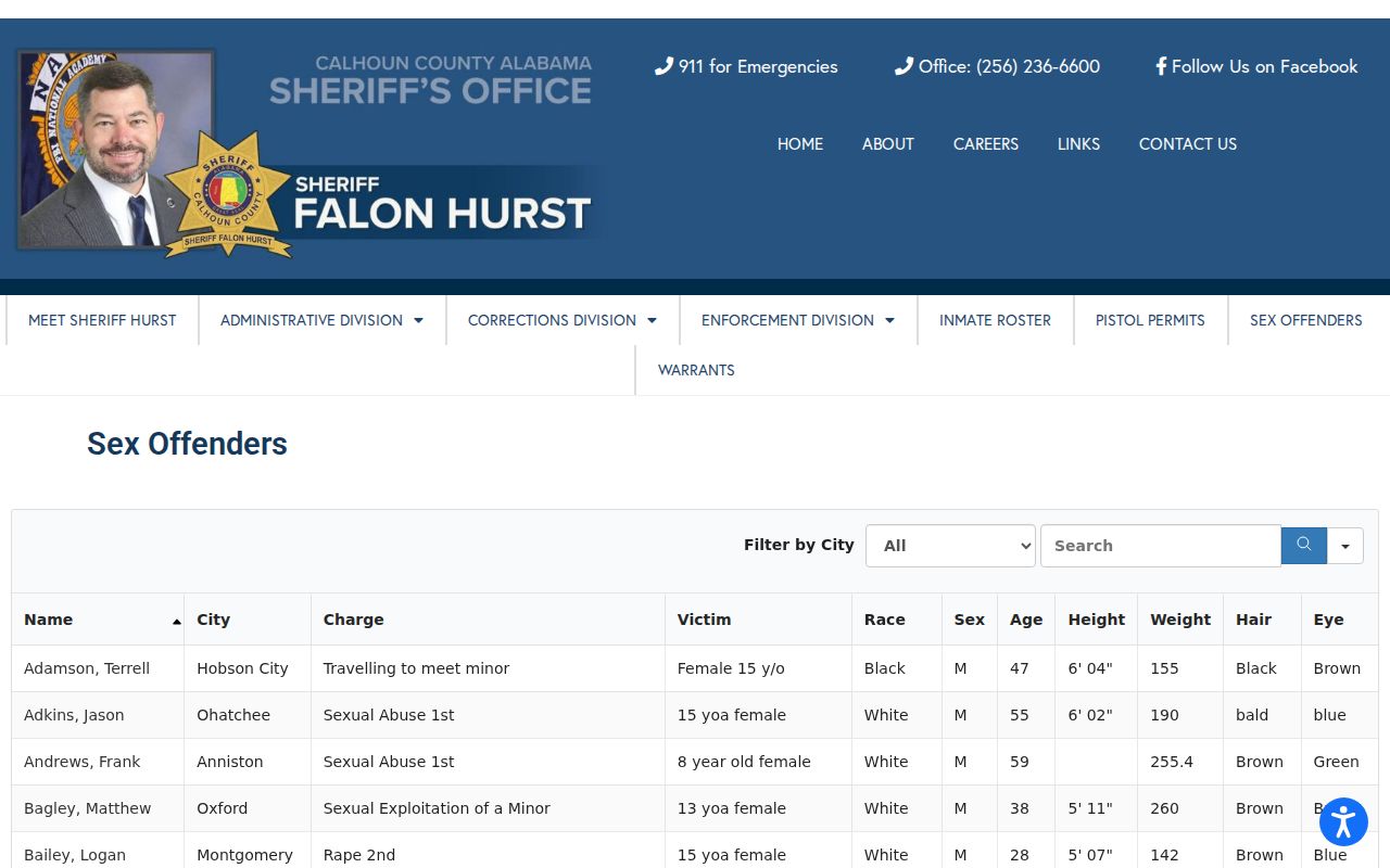 Calhoun County sex offender search on the Sheriff registry page